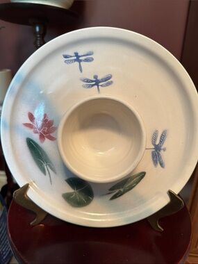 Studio Pottery Lotus & Dragonfly Chip and Dip Serving Bowl - White